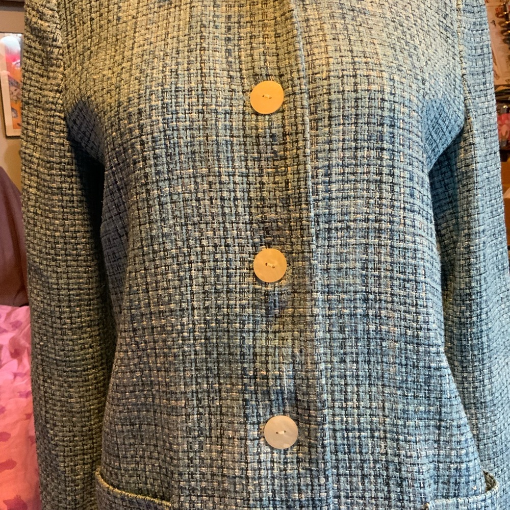 Herman Geist 100% Silk Retro Woven Blue Plaid blazer coat Size 10P